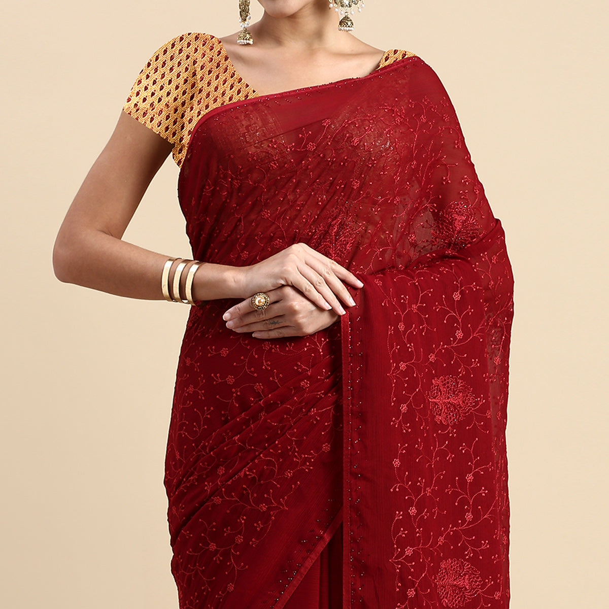 Maroon Floral Embroidered Zomato Silk Saree