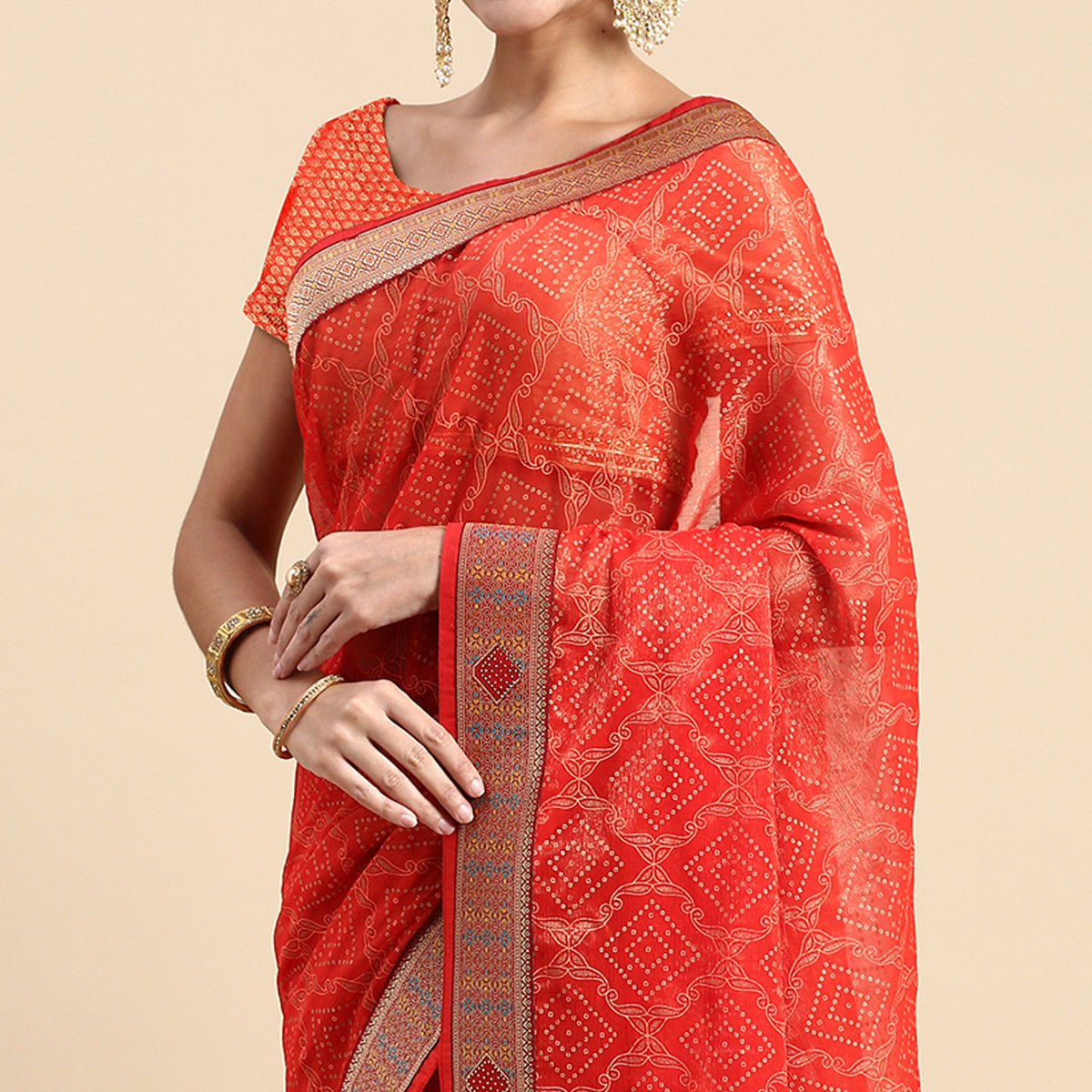 Red Foil Printed With Fancy Border Chiffon Saree