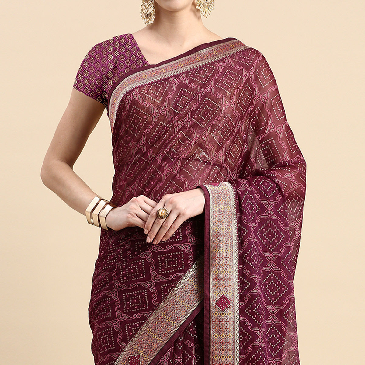 Purple Foil Printed With Fancy Border Chiffon Saree