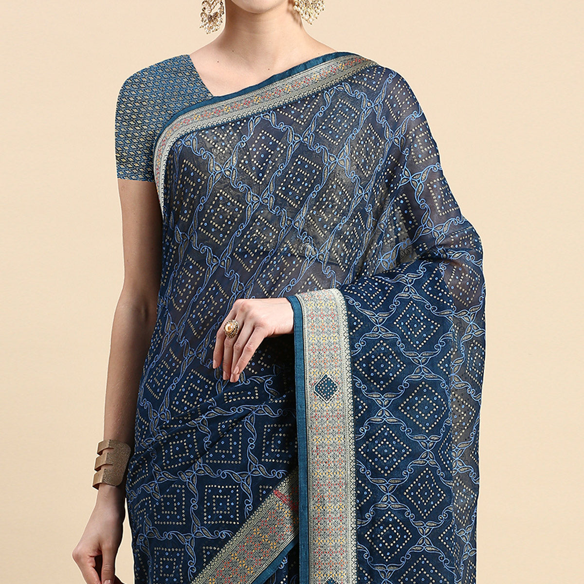 Blue Foil Printed With Fancy Border Chiffon Saree