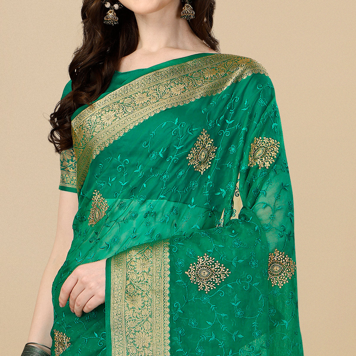 Green Floral Embroidered Organza Saree