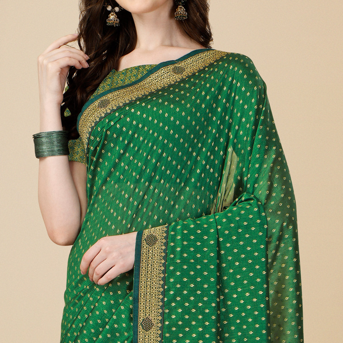 Green Foil Printed With Swarovski Vichitra Silk Saree