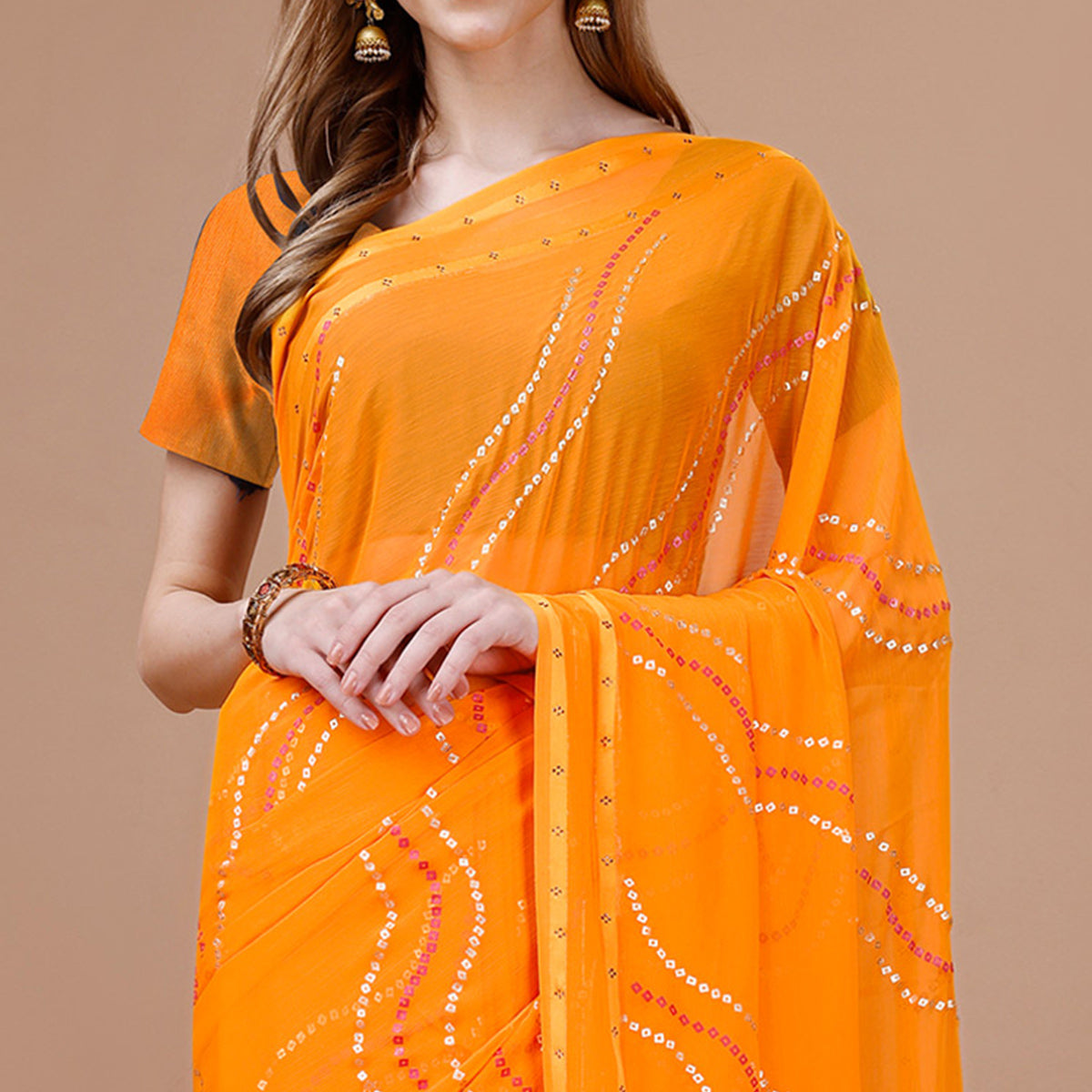 Orange Bandhani Printed Chiffon Saree With Tassels
