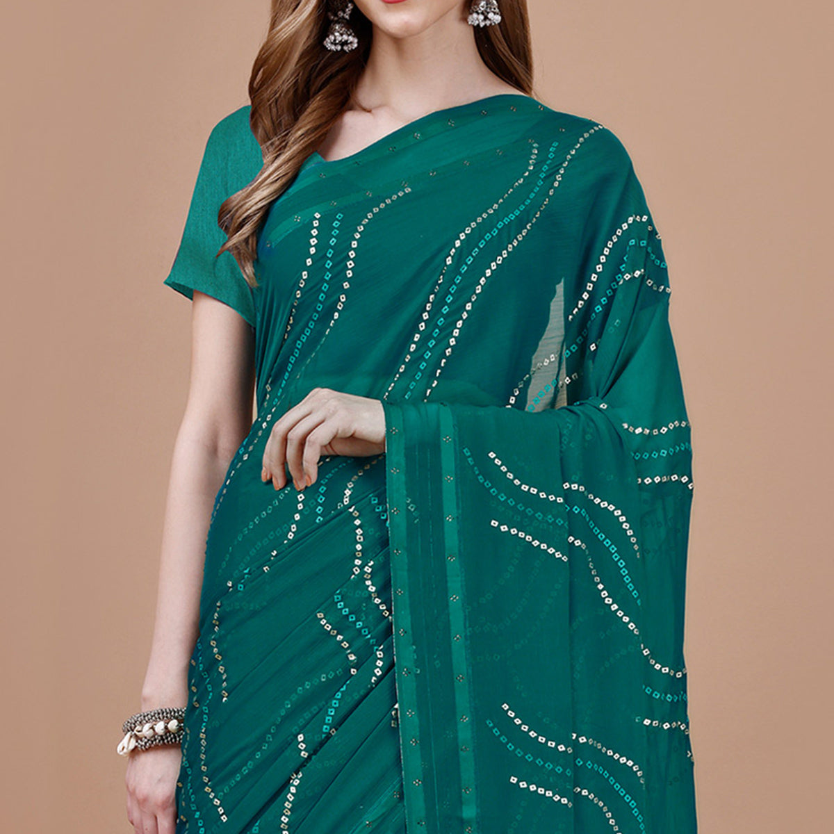 Teal Blue Bandhani Printed Chiffon Saree With Tassels