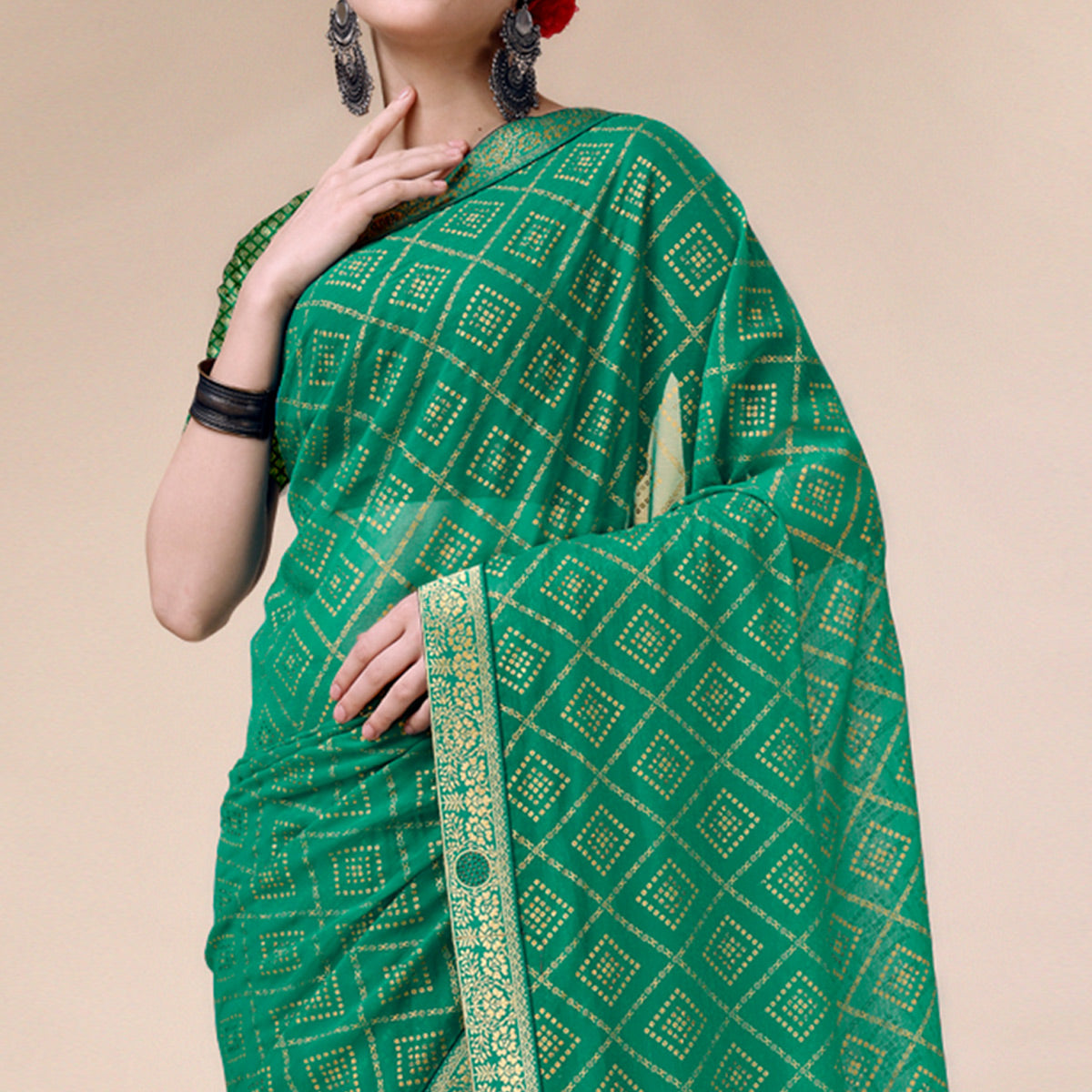 Green Bandhani Foil Printed Chiffon Saree With Tassels