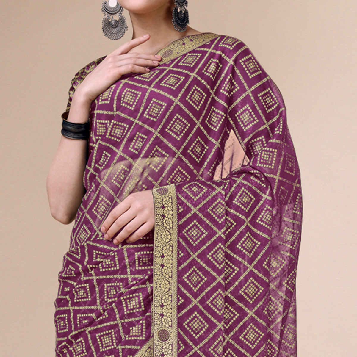 Purple Bandhani Foil Printed Chiffon Saree With Tassels