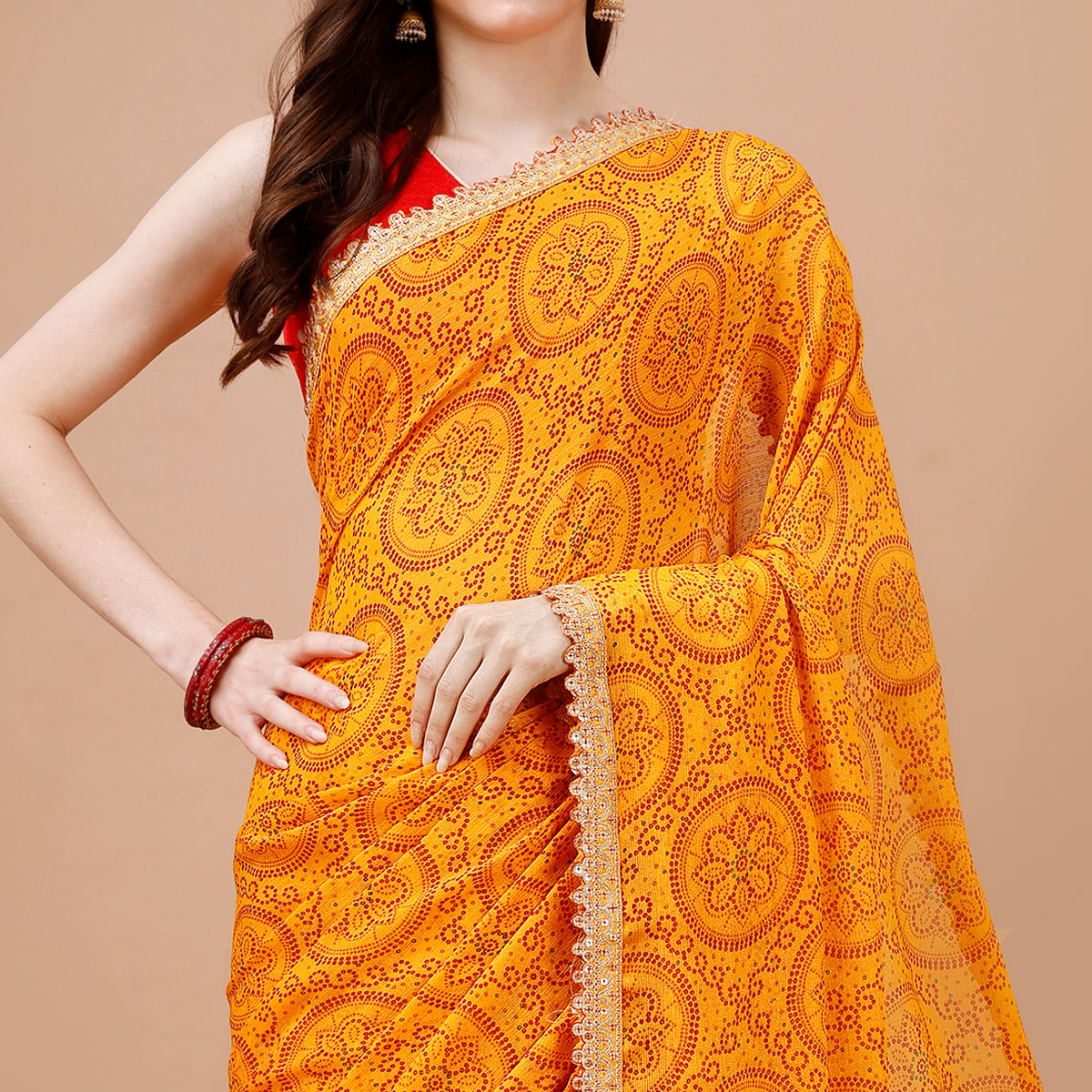 Yellow Bandhani Printed Chiffon Saree