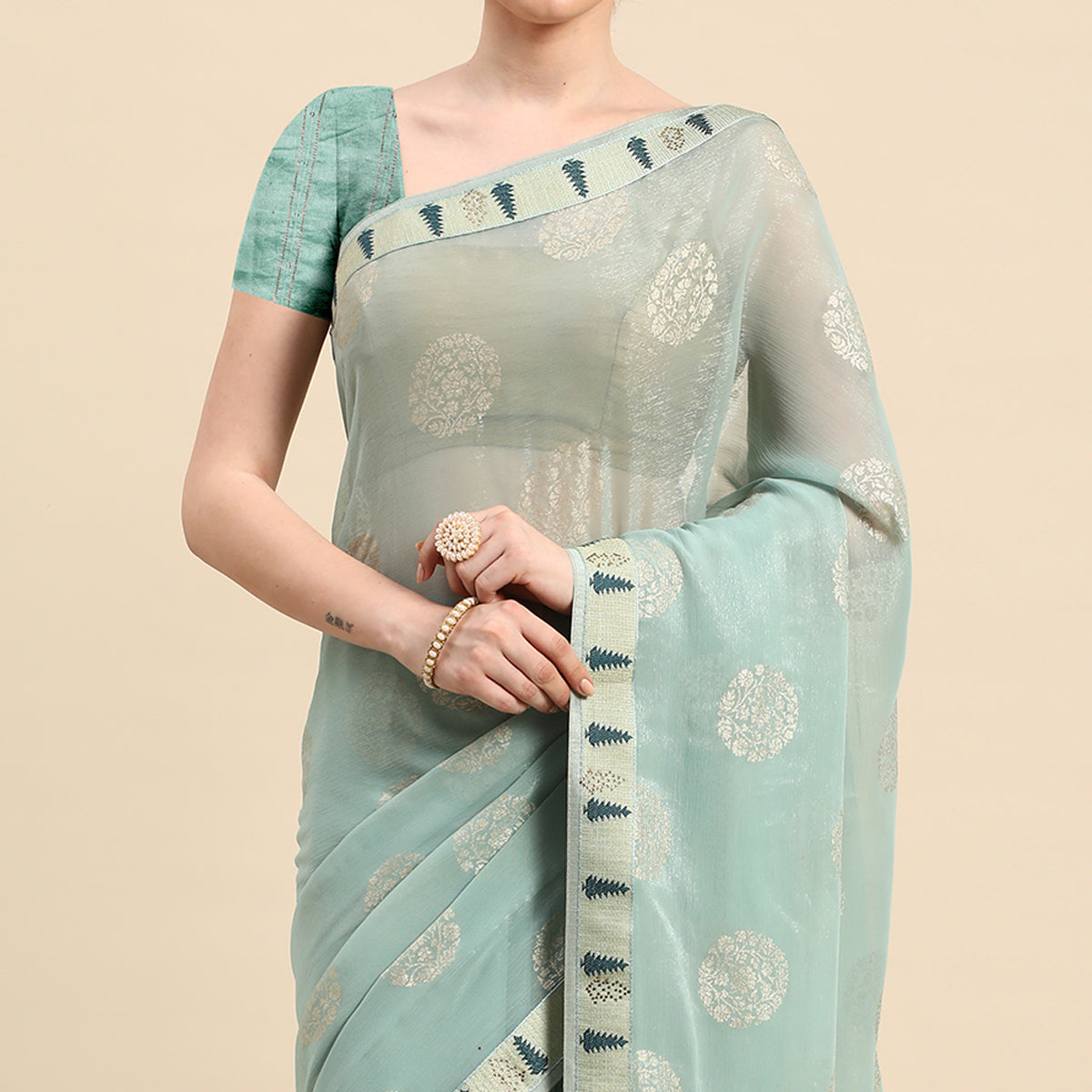 Blue Foil Printed With Swarovski Chiffon Saree