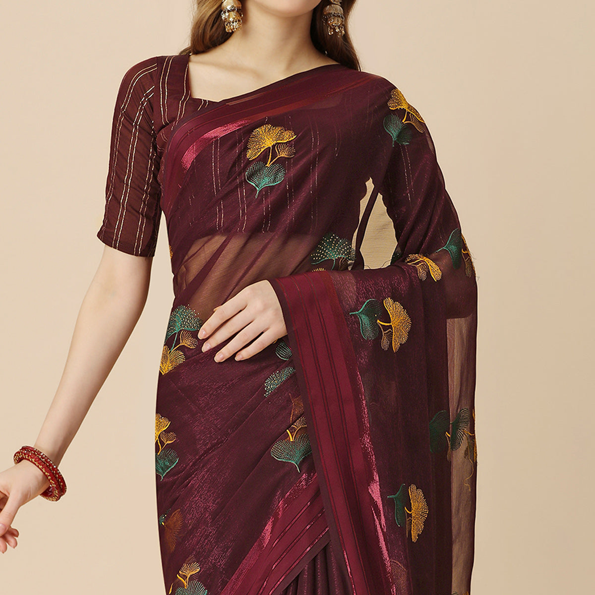 Maroon Floral Embroidered Chiffon Saree With With Tassels