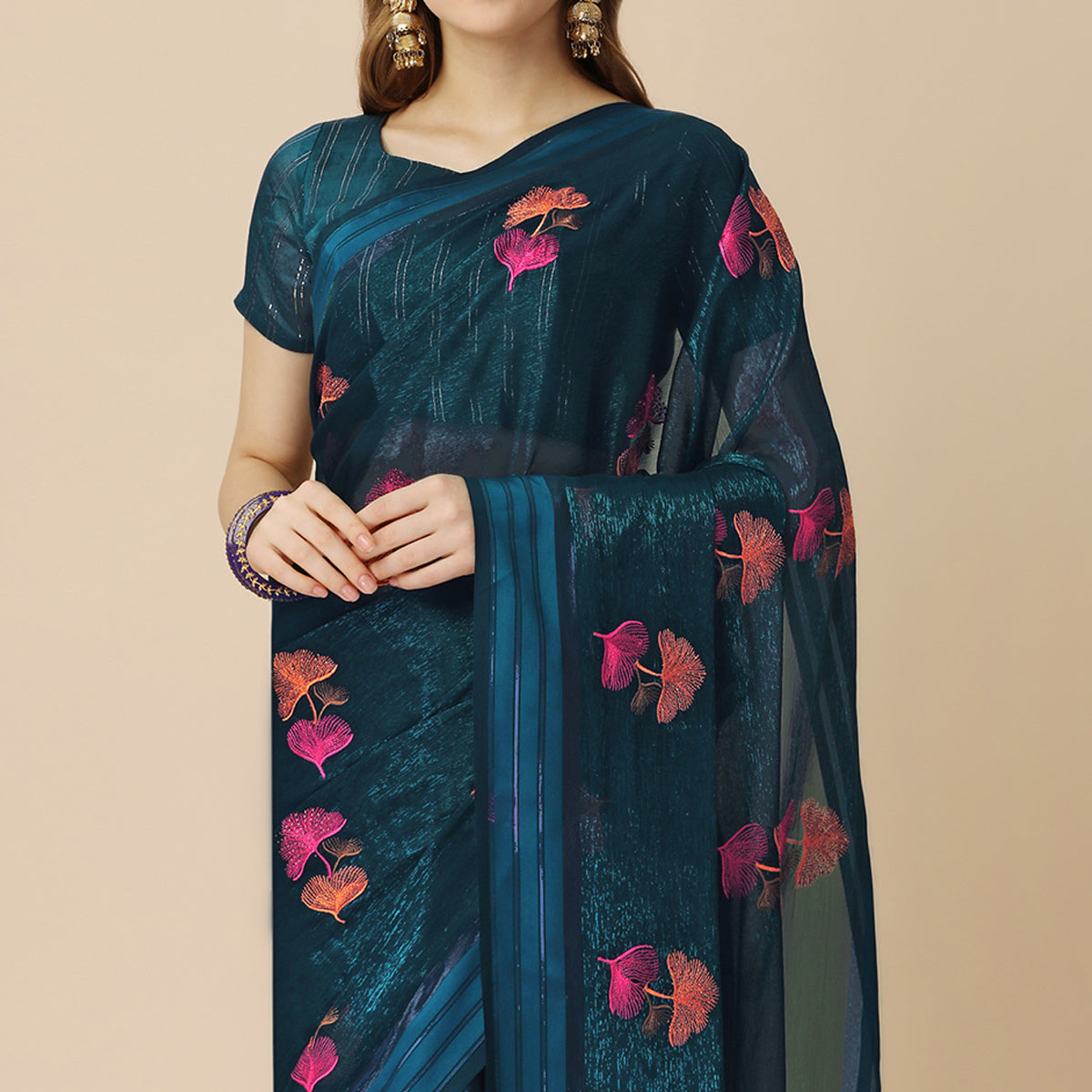 Dark Blue Floral Embroidered Chiffon Saree With With Tassels