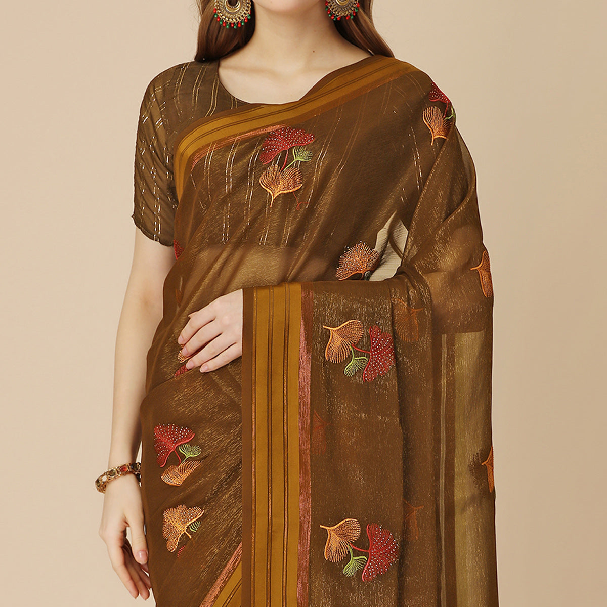 Brown Floral Embroidered Chiffon Saree With With Tassels