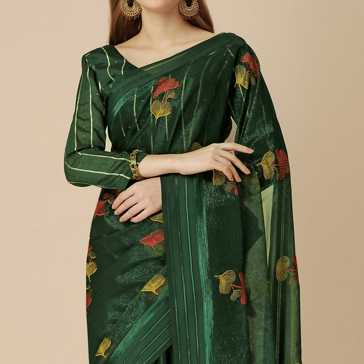 Green Floral Embroidered Chiffon Saree With With Tassels