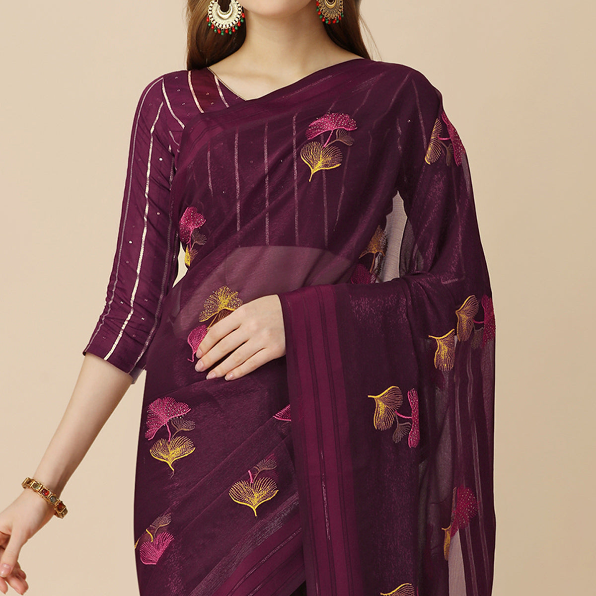 Wine Floral Embroidered Chiffon Saree With With Tassels