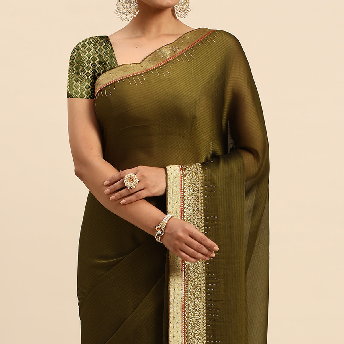 Mehendi Green Swarovski With Fancy Border Satin Silk Saree