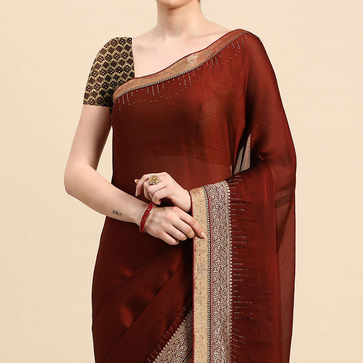 Rust Swarovski With Fancy Border Satin Silk Saree