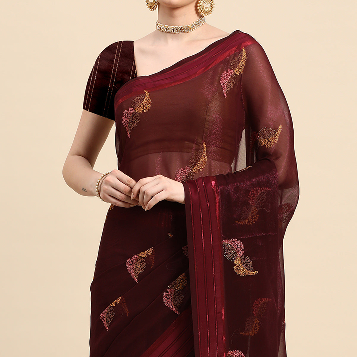 Wine Swarovski With Embroidery Work Chiffon Saree