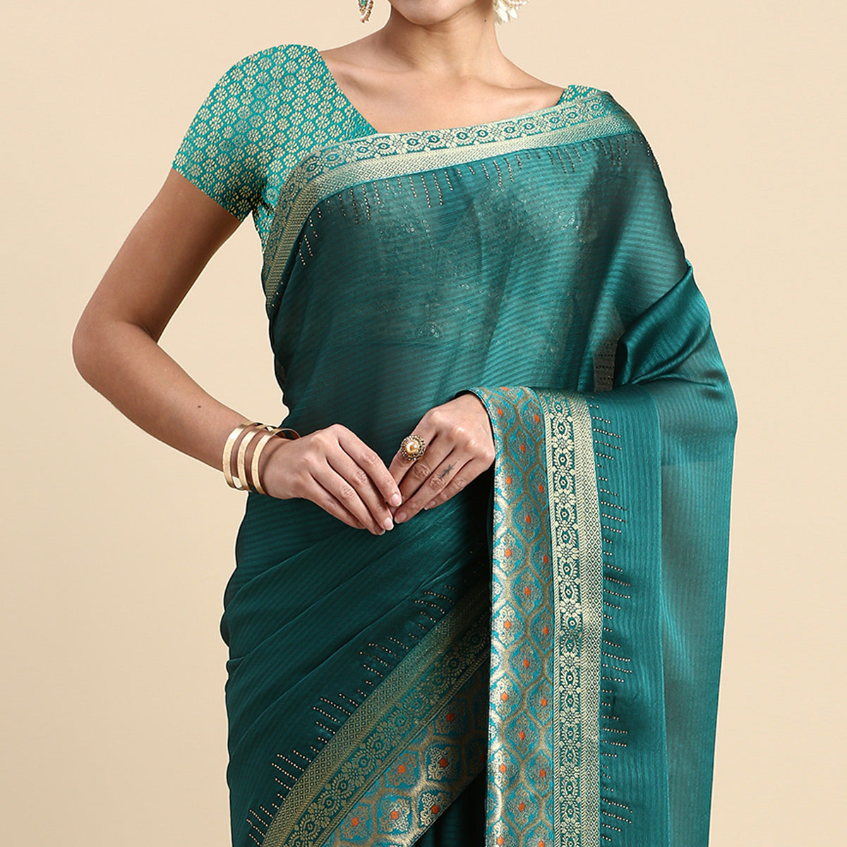 Turquoise Blue Swaroski Work With Woven Border Satin Saree