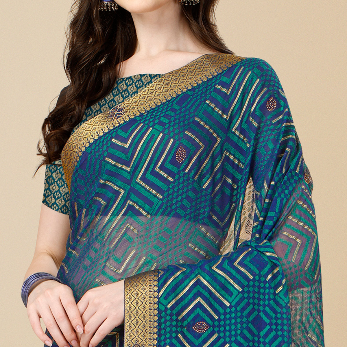 Blue Geometric Printed Brasso Saree