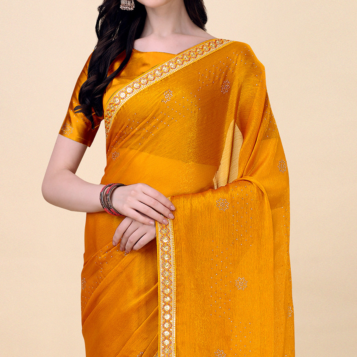 Yellow Swarovski With Sequins Embroidered Chiffon Saree