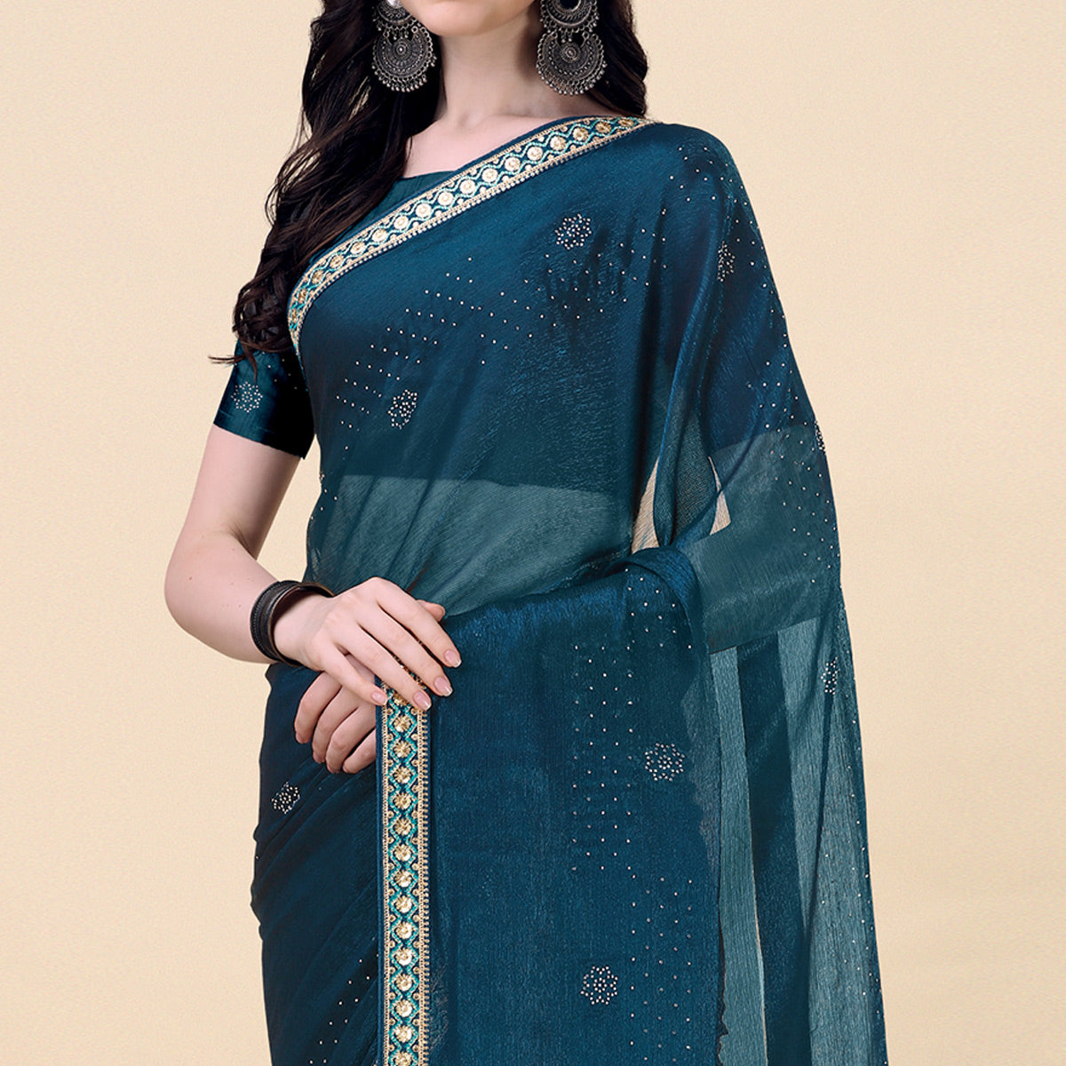 Teal Blue Swarovski With Sequins Embroidered Chiffon Saree
