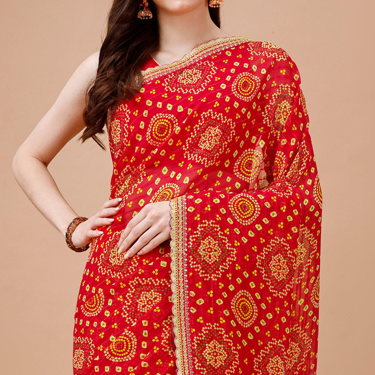 Red Bandhani Printed Georgette Saree