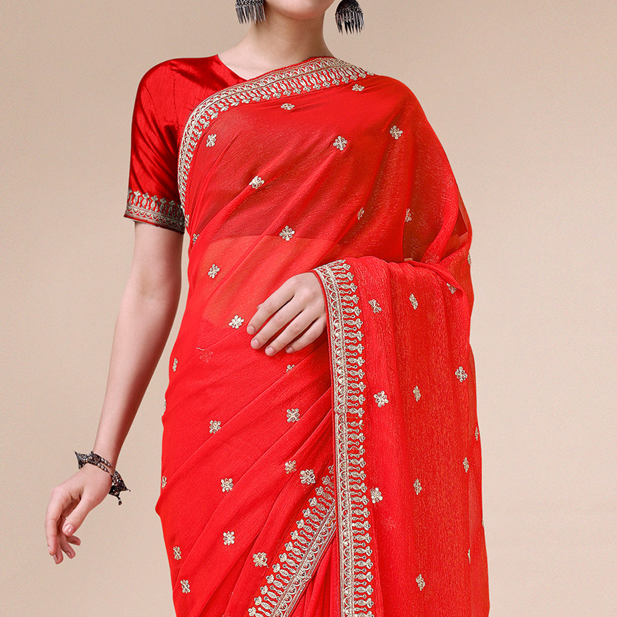 Red Sequins Embroidered Chiffon Saree