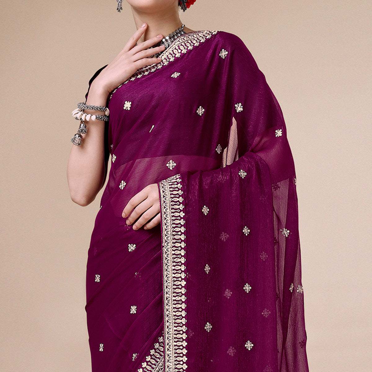 Wine Sequins Embroidered Chiffon Saree