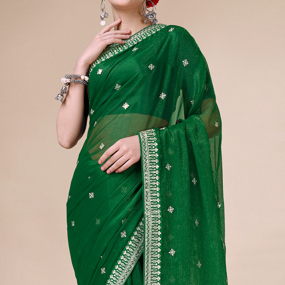 Green Sequins Embroidered Chiffon Saree