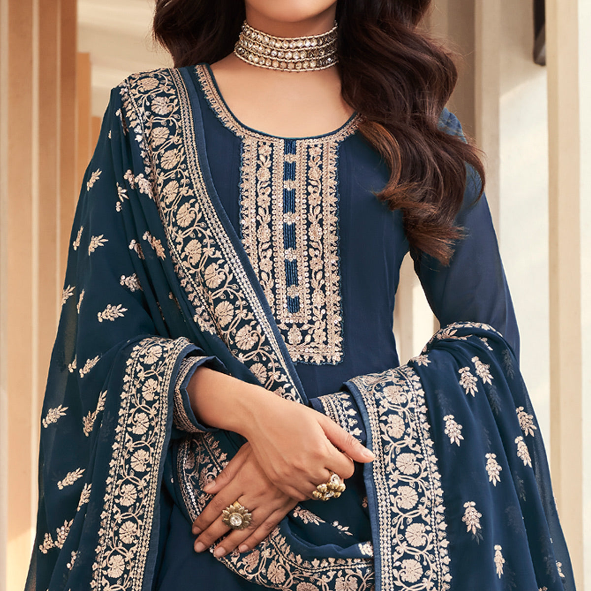 Blue Sequins Embroidered Georgette Semi Stitched Anarkali Suit
