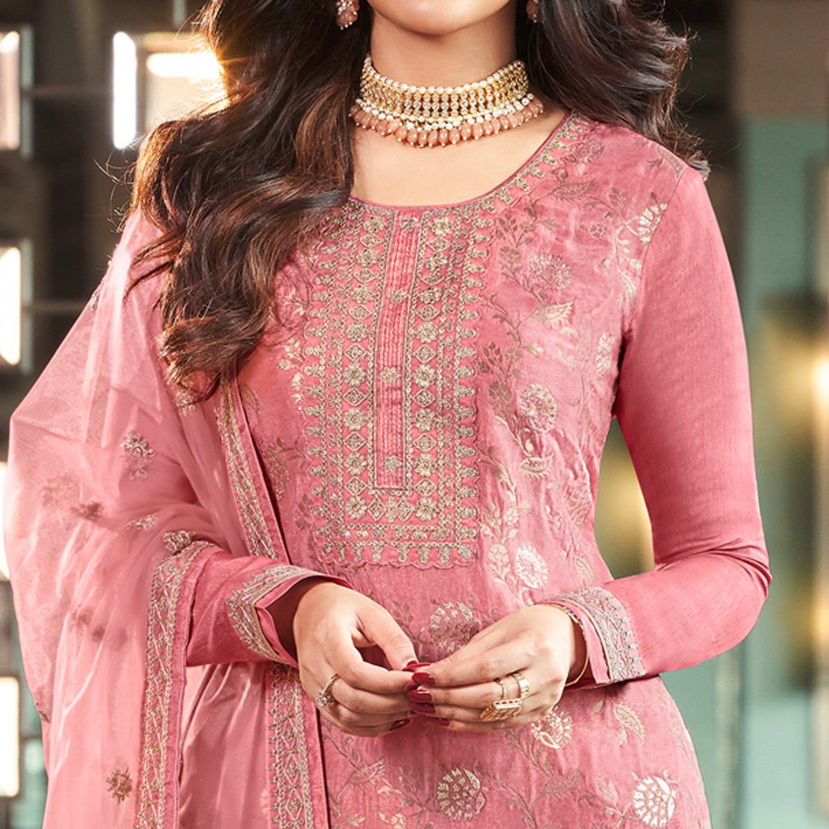 Pink Embroidered Viscose Semi Stitched Salwar Suit