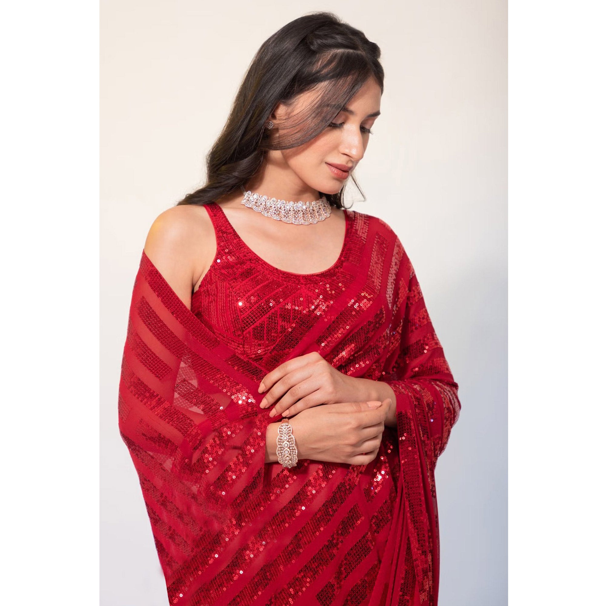 Red Sequins Embroidered Georgette Saree