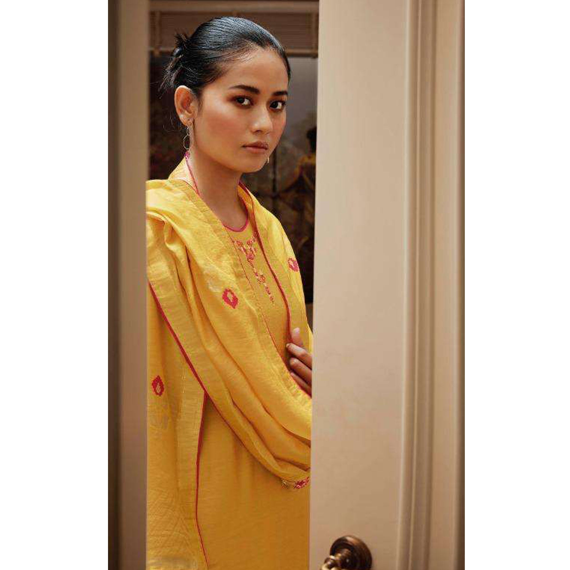Yellow Embroidered Pure Silk Suit