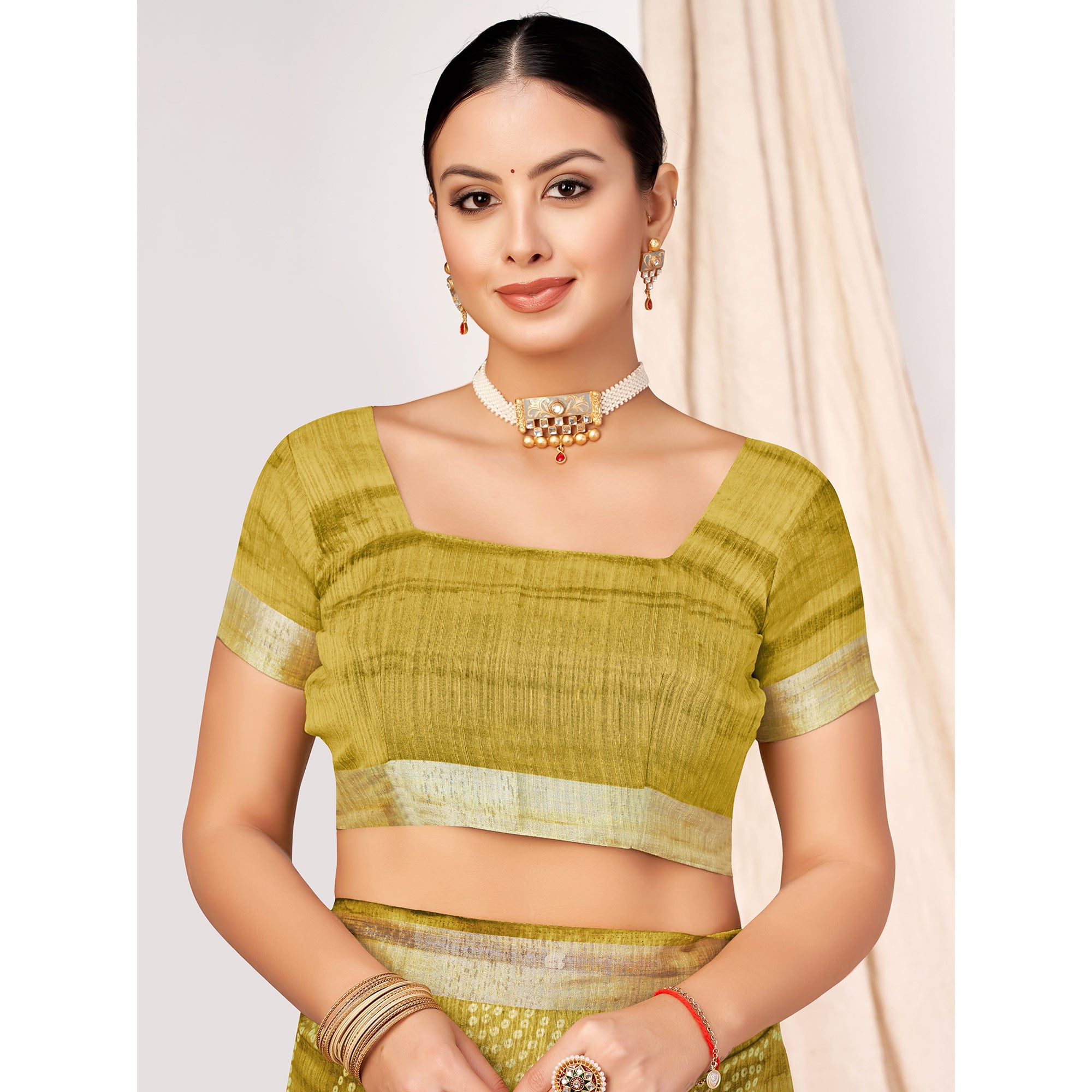 Olive Green Printed Cotton Silk Saree With Woven Border