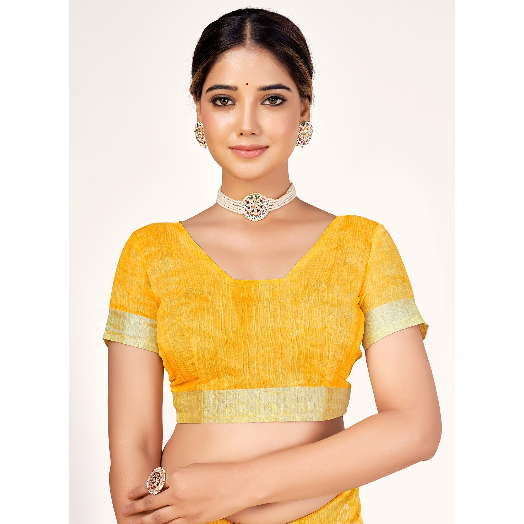 Yellow Printed Cotton Silk Saree With Woven Border