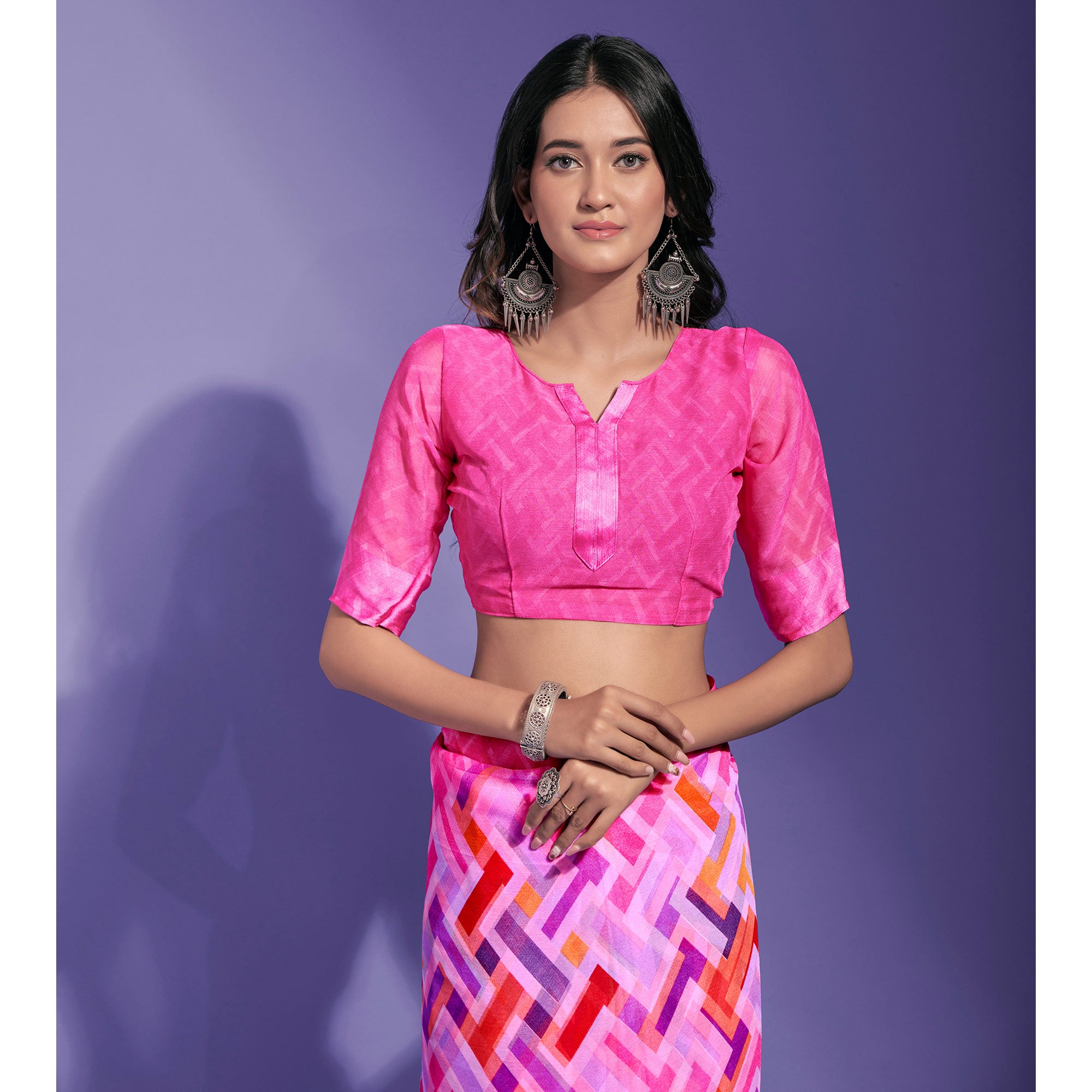 Pink Geometric Printed Chiffon Saree
