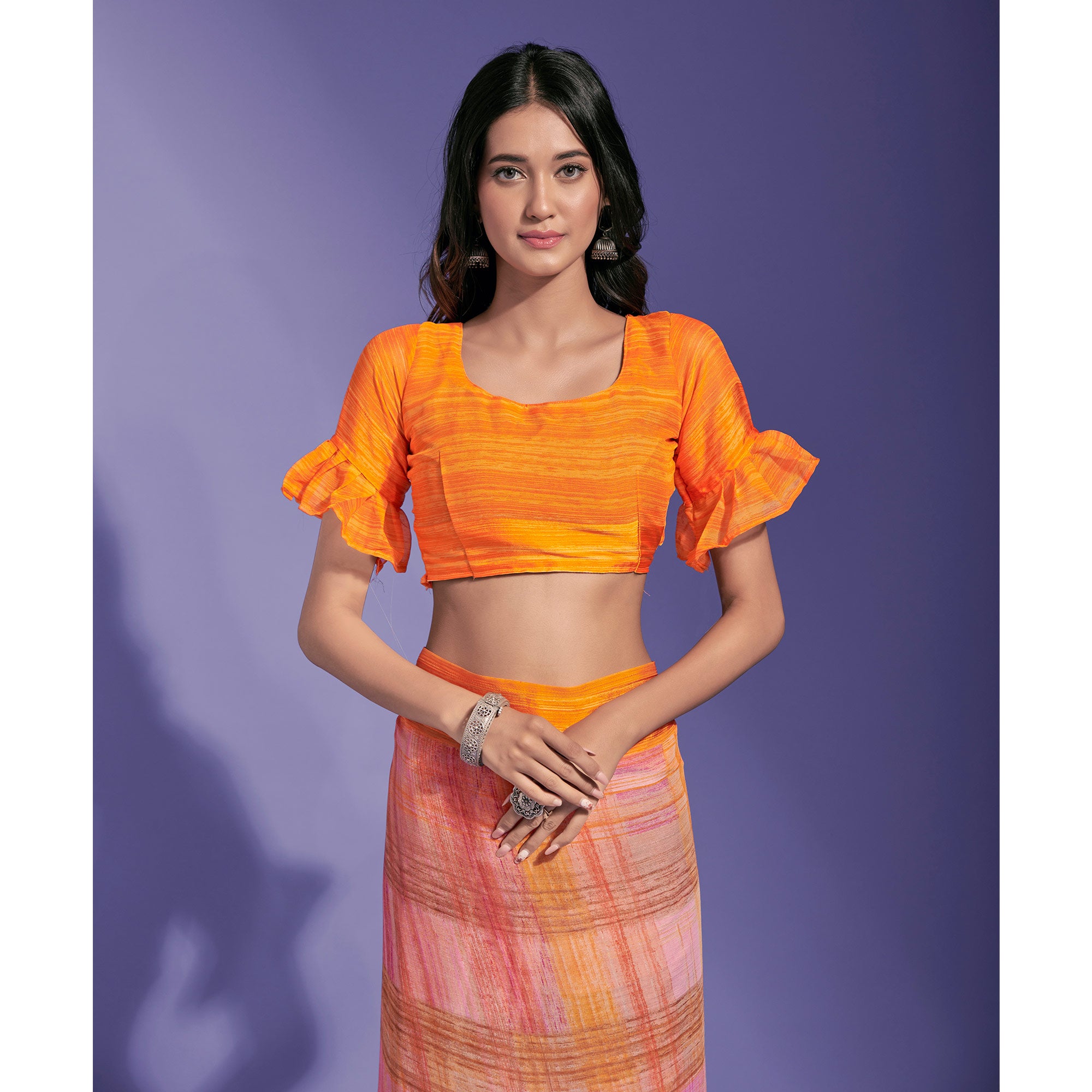 Orange Printed Chiffon Saree