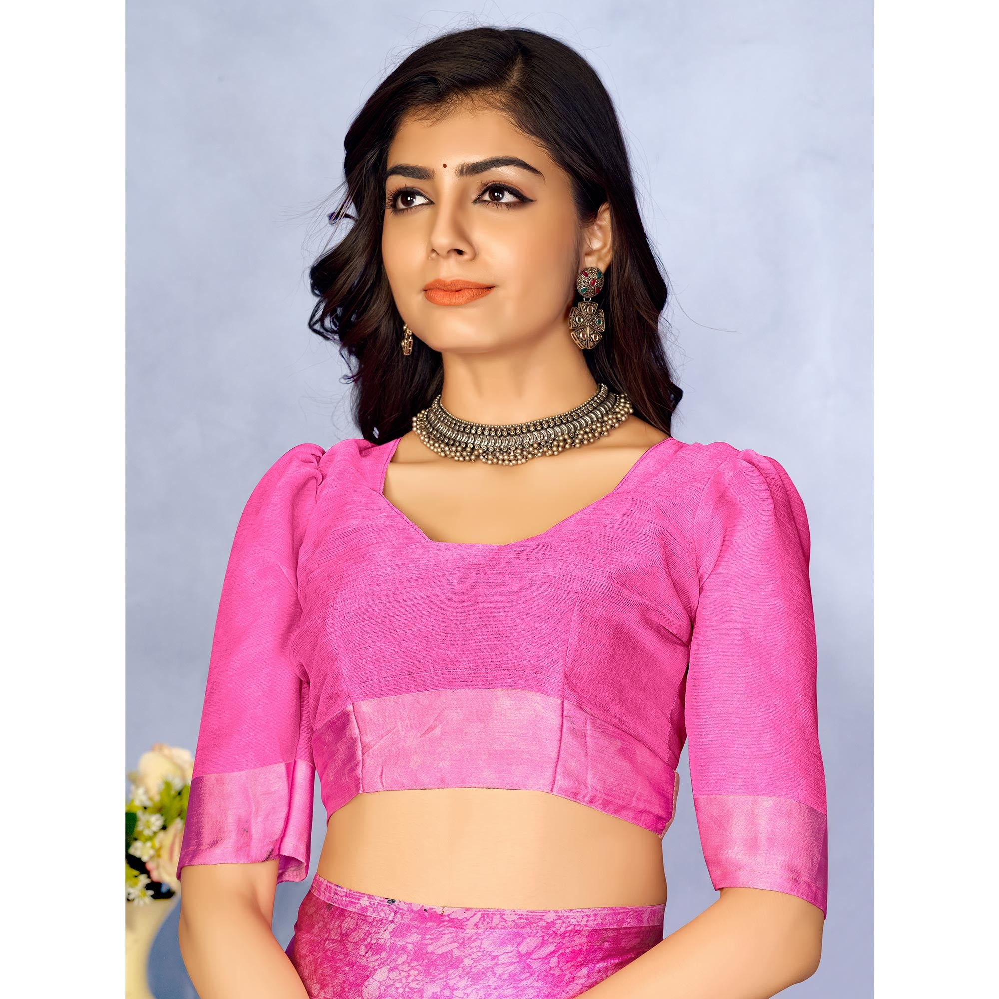 Pink Floral Digital Printed Chiffon Saree