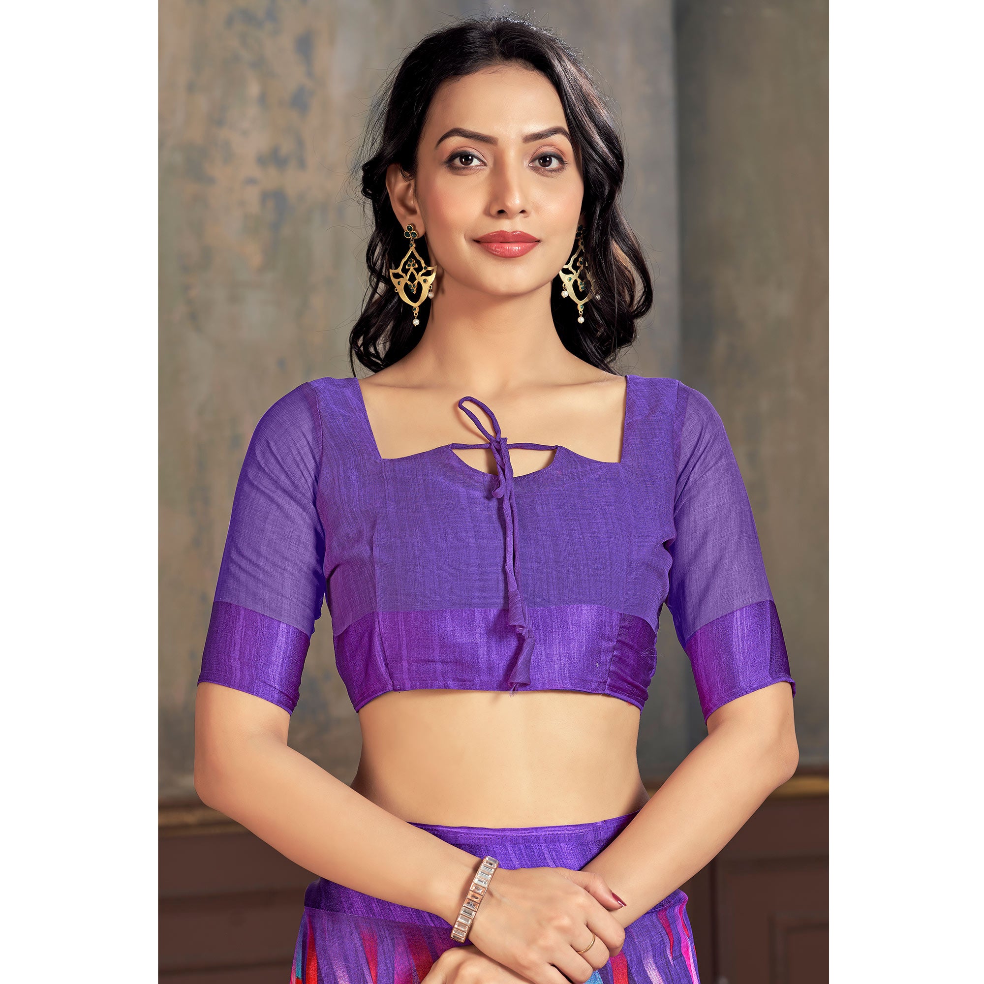 Purple Printed Chiffon Saree With Woven Border