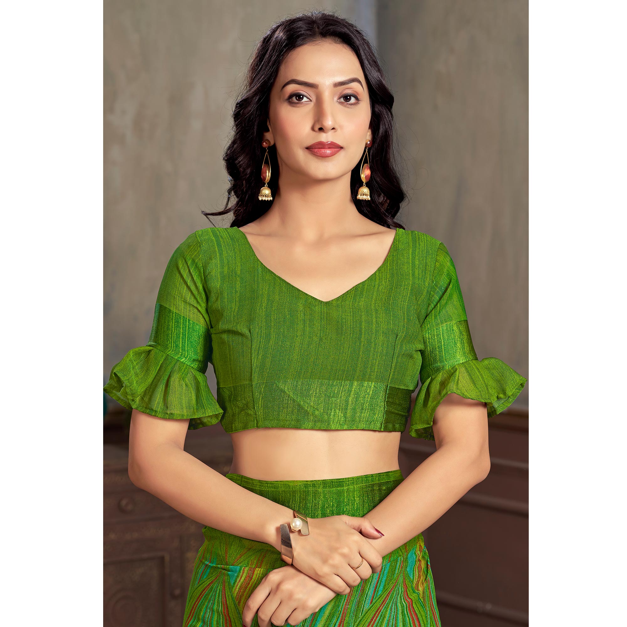 Green Printed Chiffon Saree With Woven Border