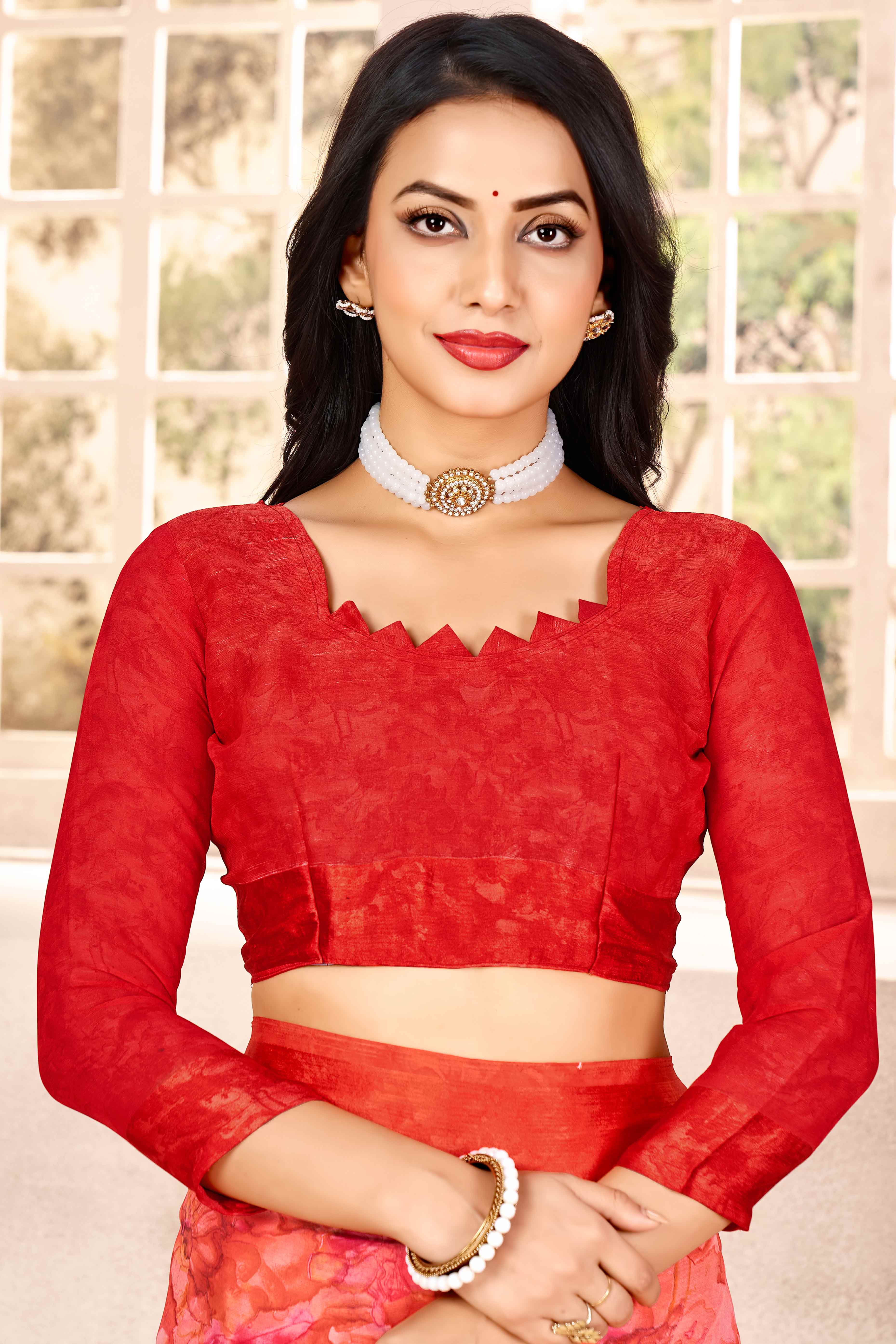 Red Chiffon Saree With Delicate Floral Prints & Elegant Woven Border