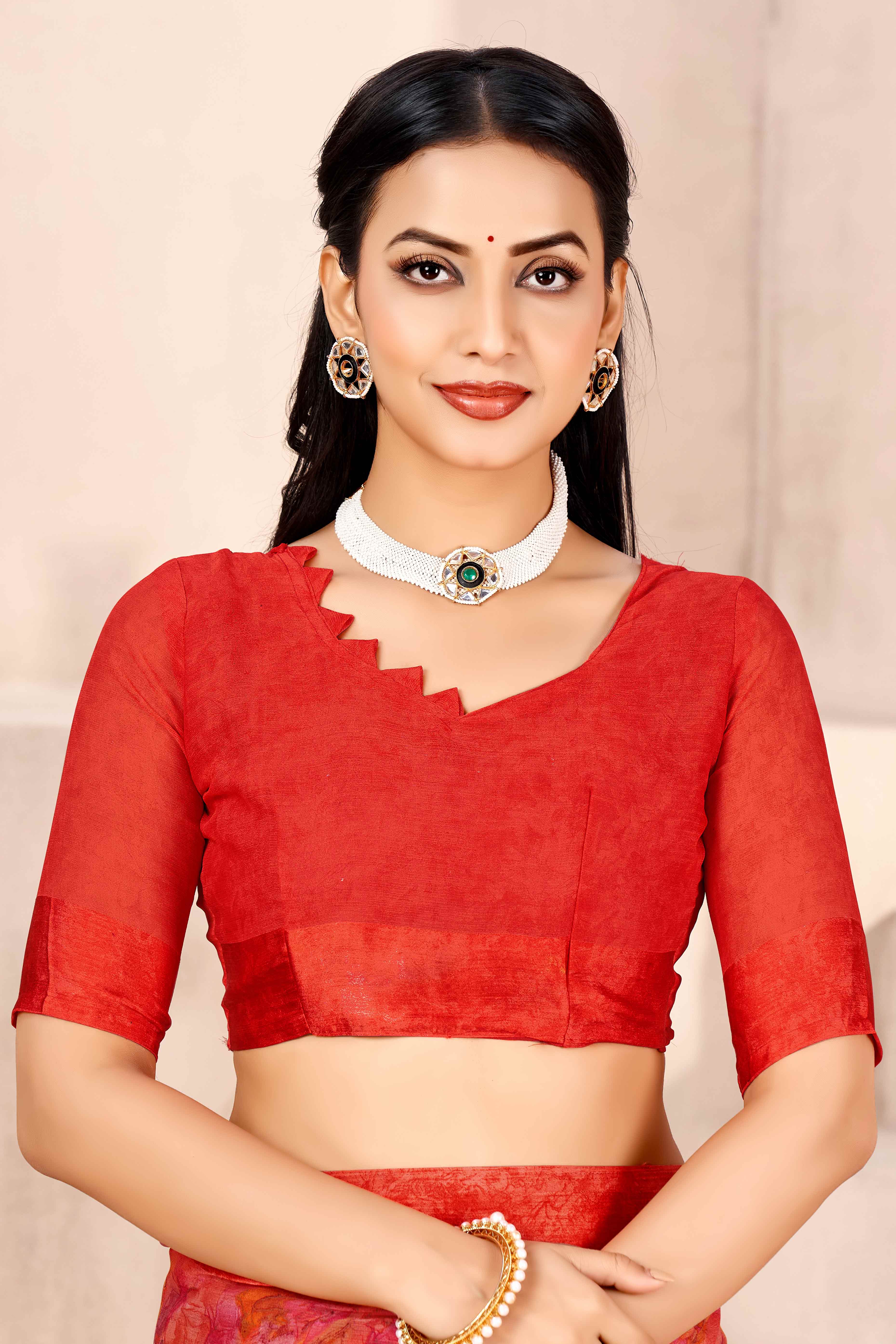 Red Chiffon Saree With Delicate Floral Prints & Elegant Woven Border