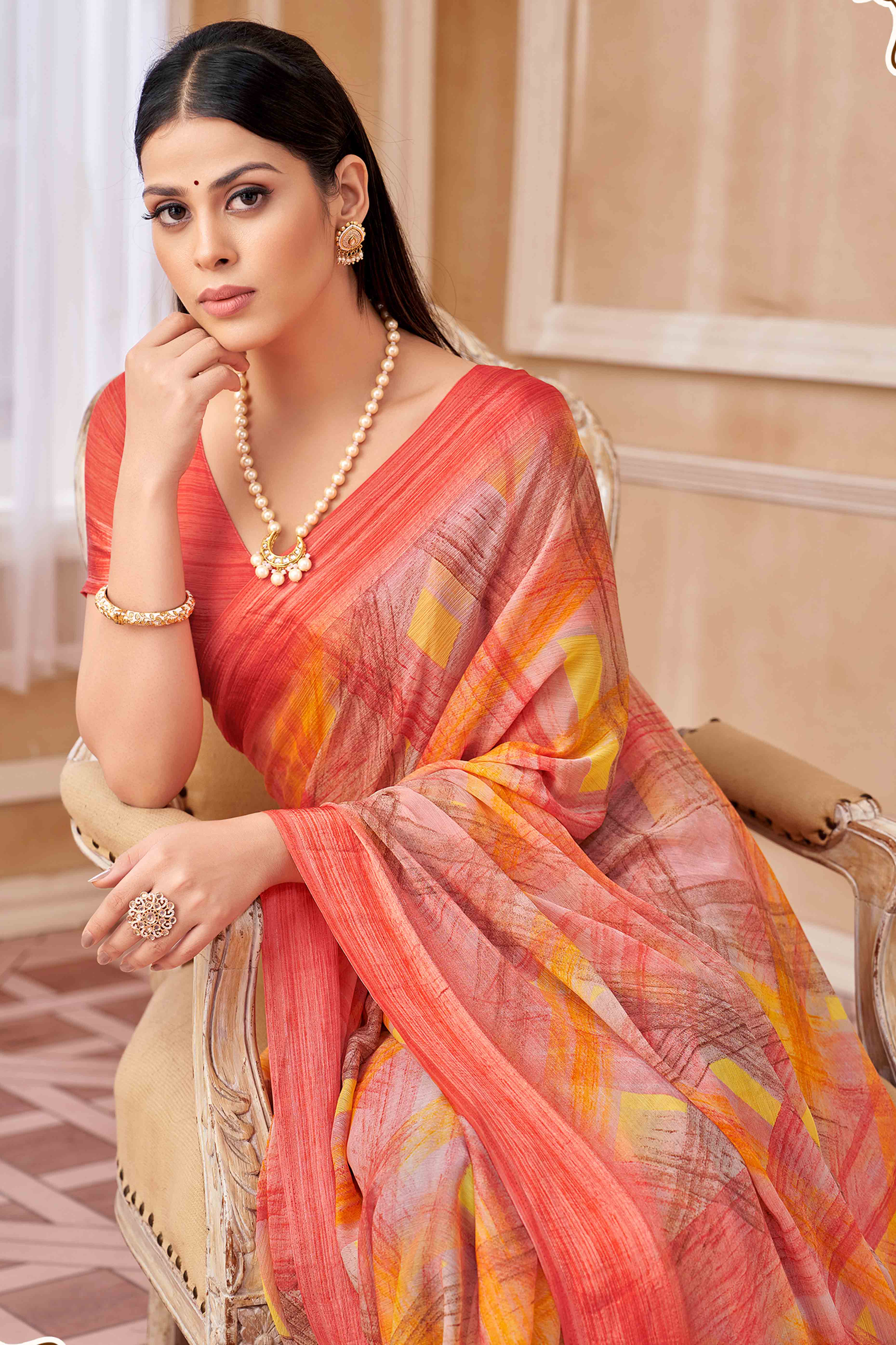 Salmon Pink Chiffon Saree With Delicate Prints & Elegant Satin Woven Border