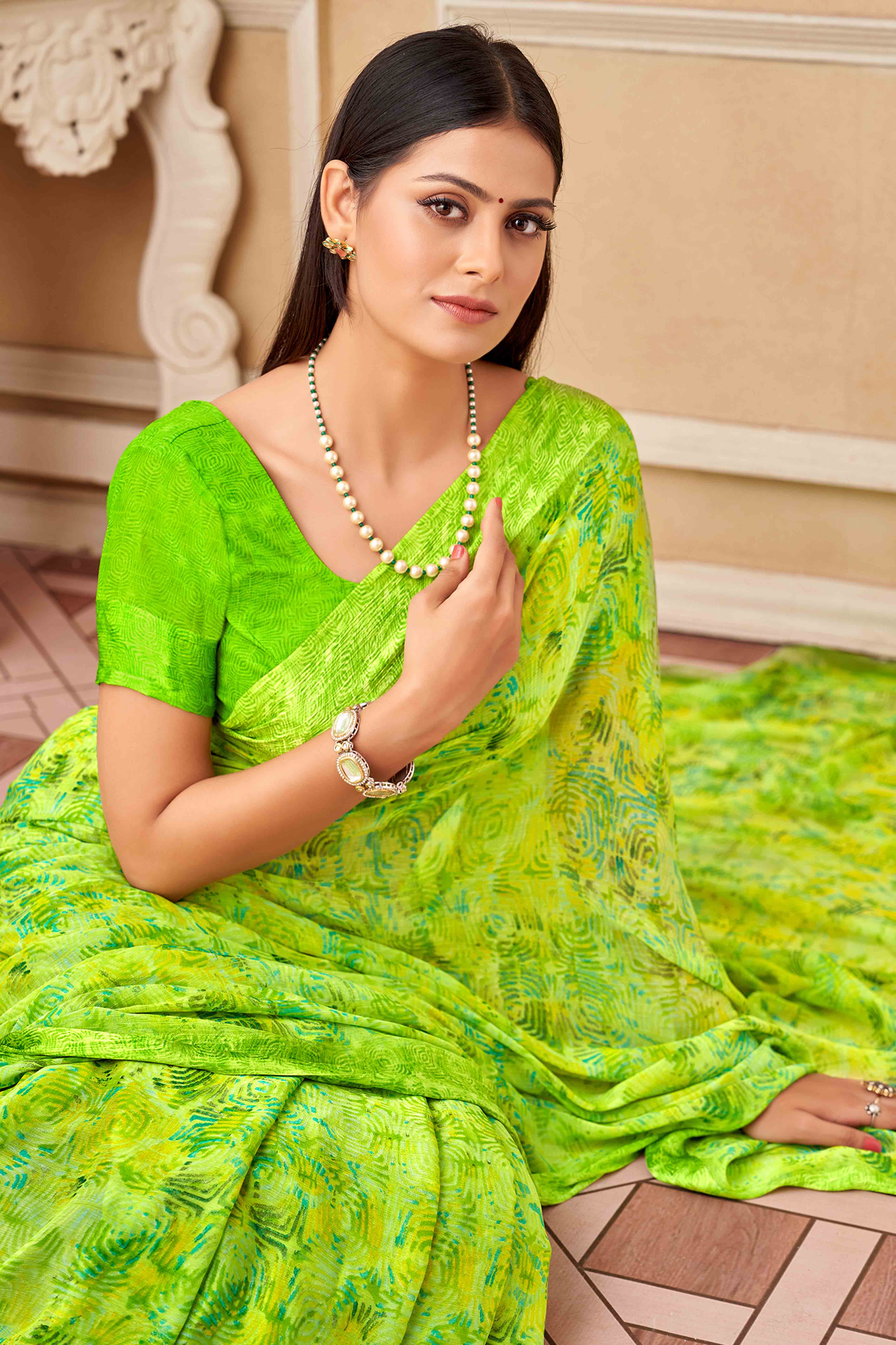Green Chiffon Saree With Delicate Prints & Elegant Satin Woven Border