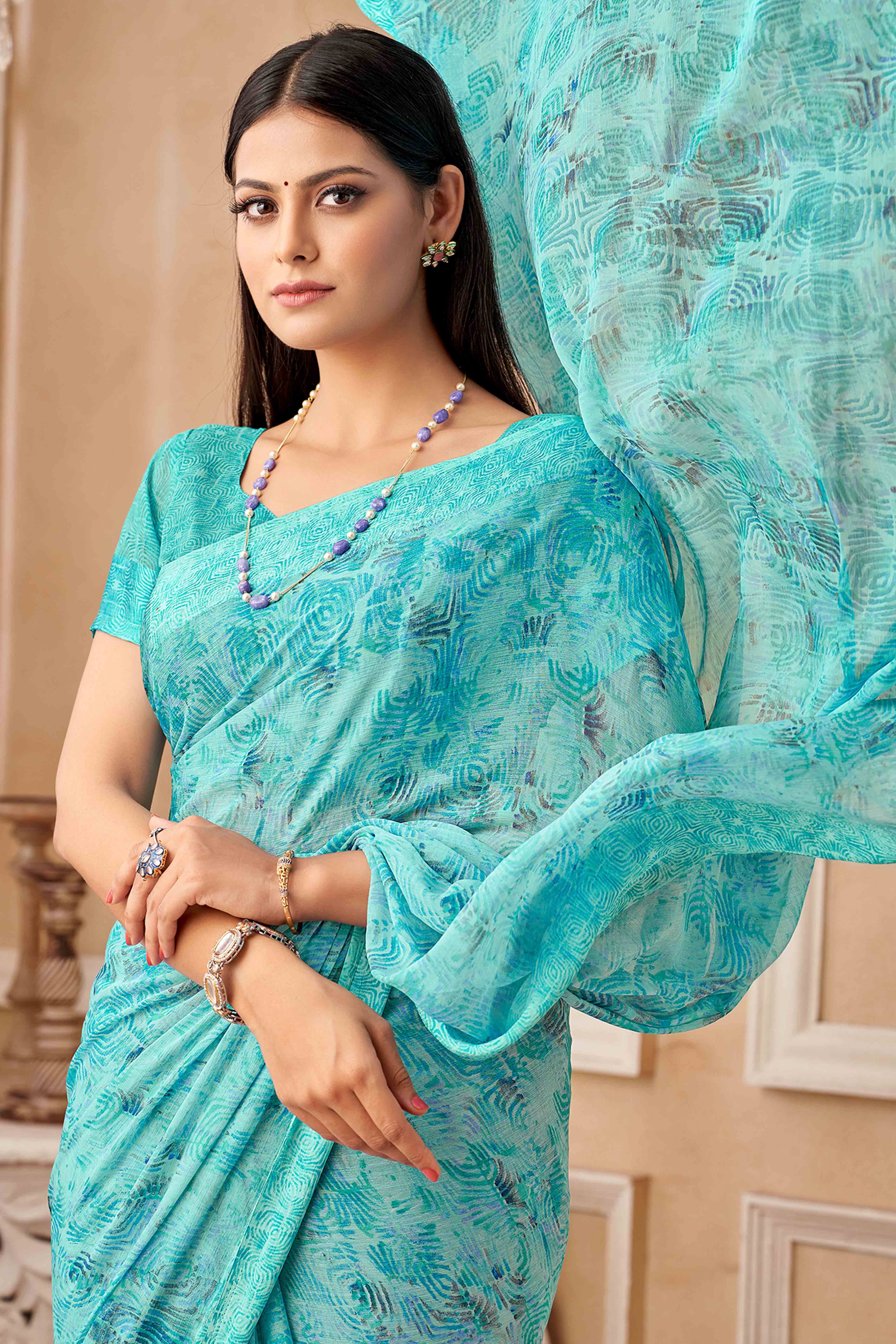 Blue Chiffon Saree With Delicate Prints & Elegant Satin Woven Border