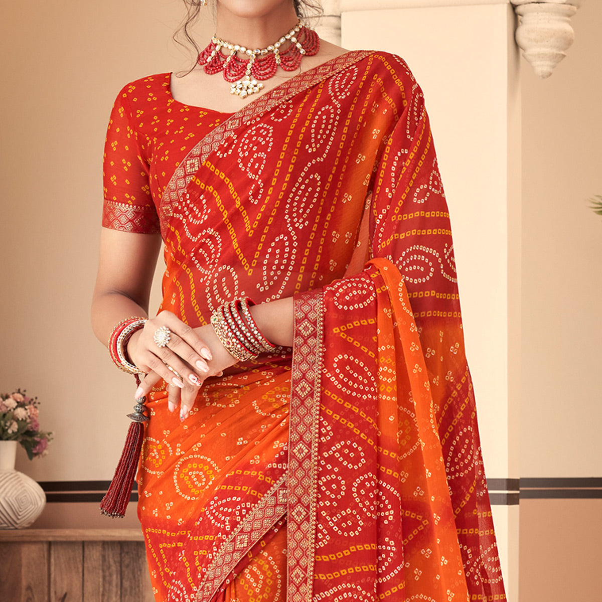 Red & Orange Bandhani Printed Chiffon Saree With Lace Border