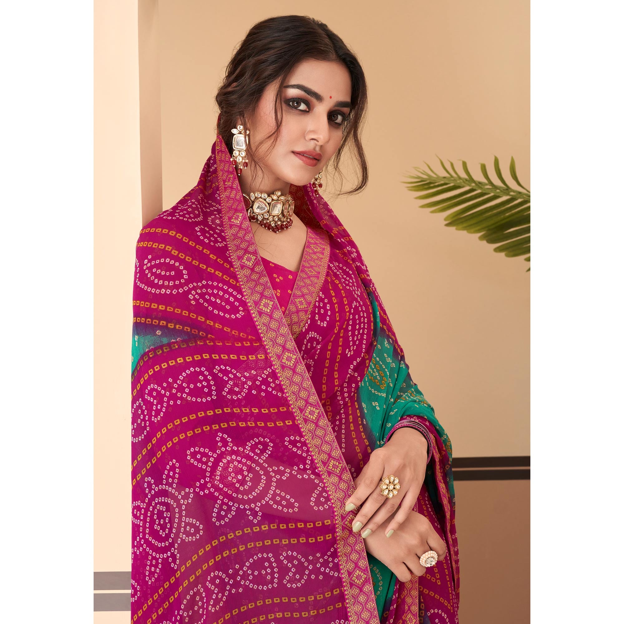 Magenta & Green Bandhani Printed Chiffon Saree With Lace Border