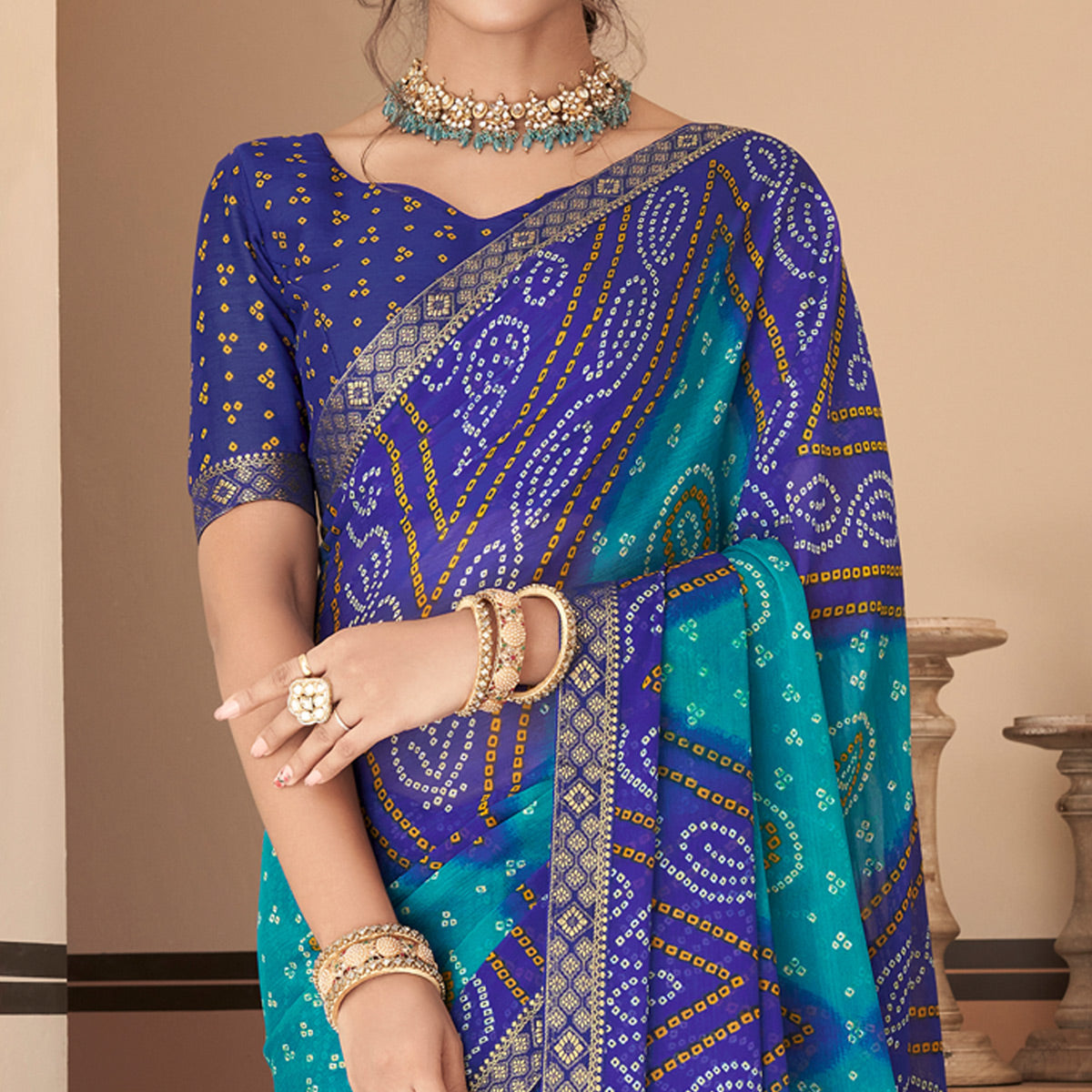Blue Bandhani Printed Chiffon Saree With Lace Border
