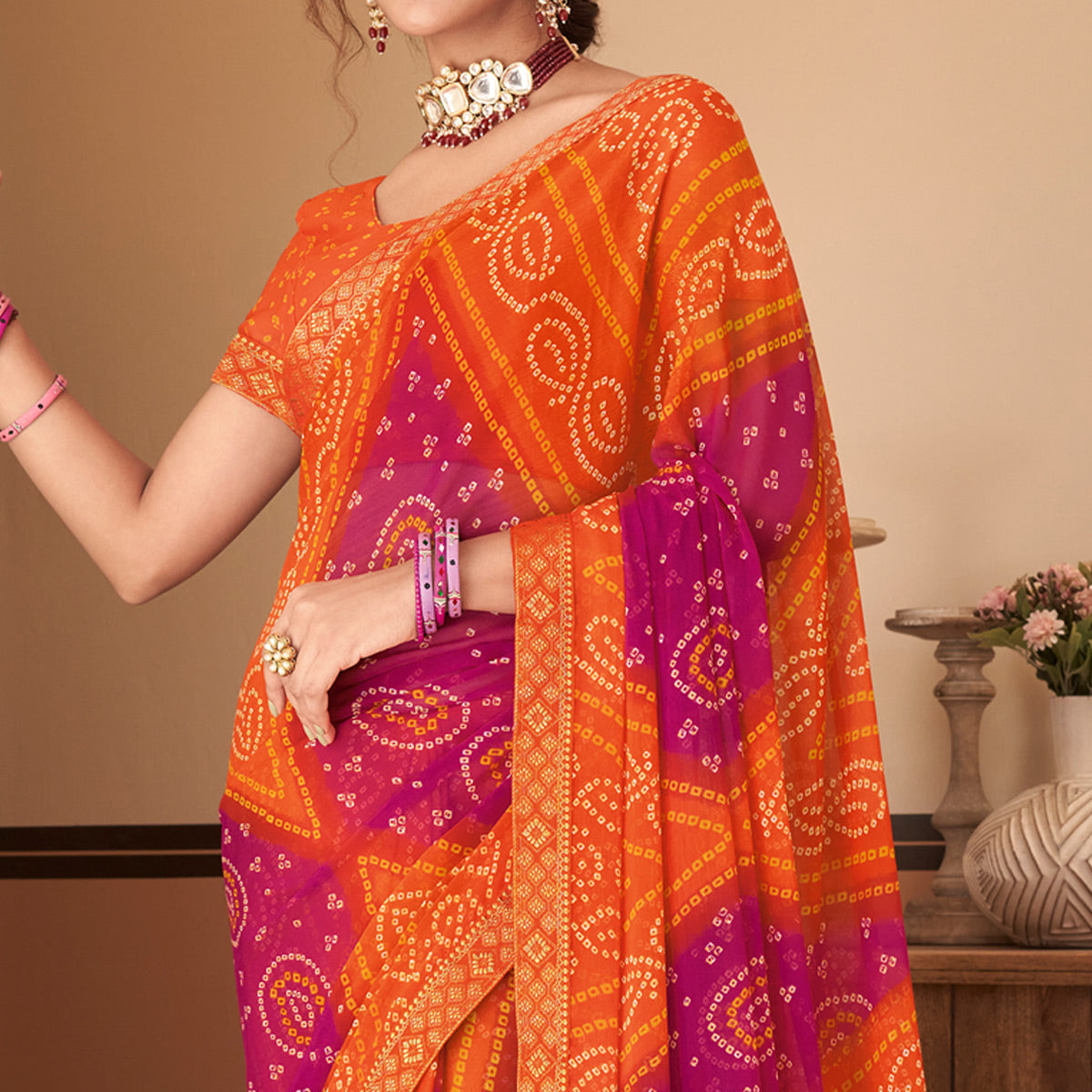 Orange & Magenta Bandhani Printed Chiffon Saree With Lace Border