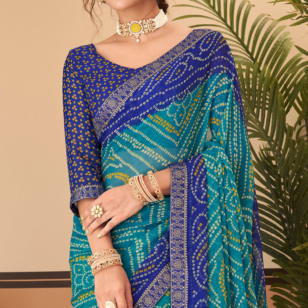 Teal & Blue Bandhani Printed Chiffon Saree With Lace Border