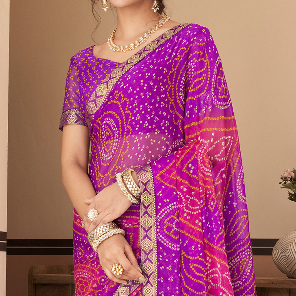 Purple Bandhani Printed Chiffon Saree With Lace Border